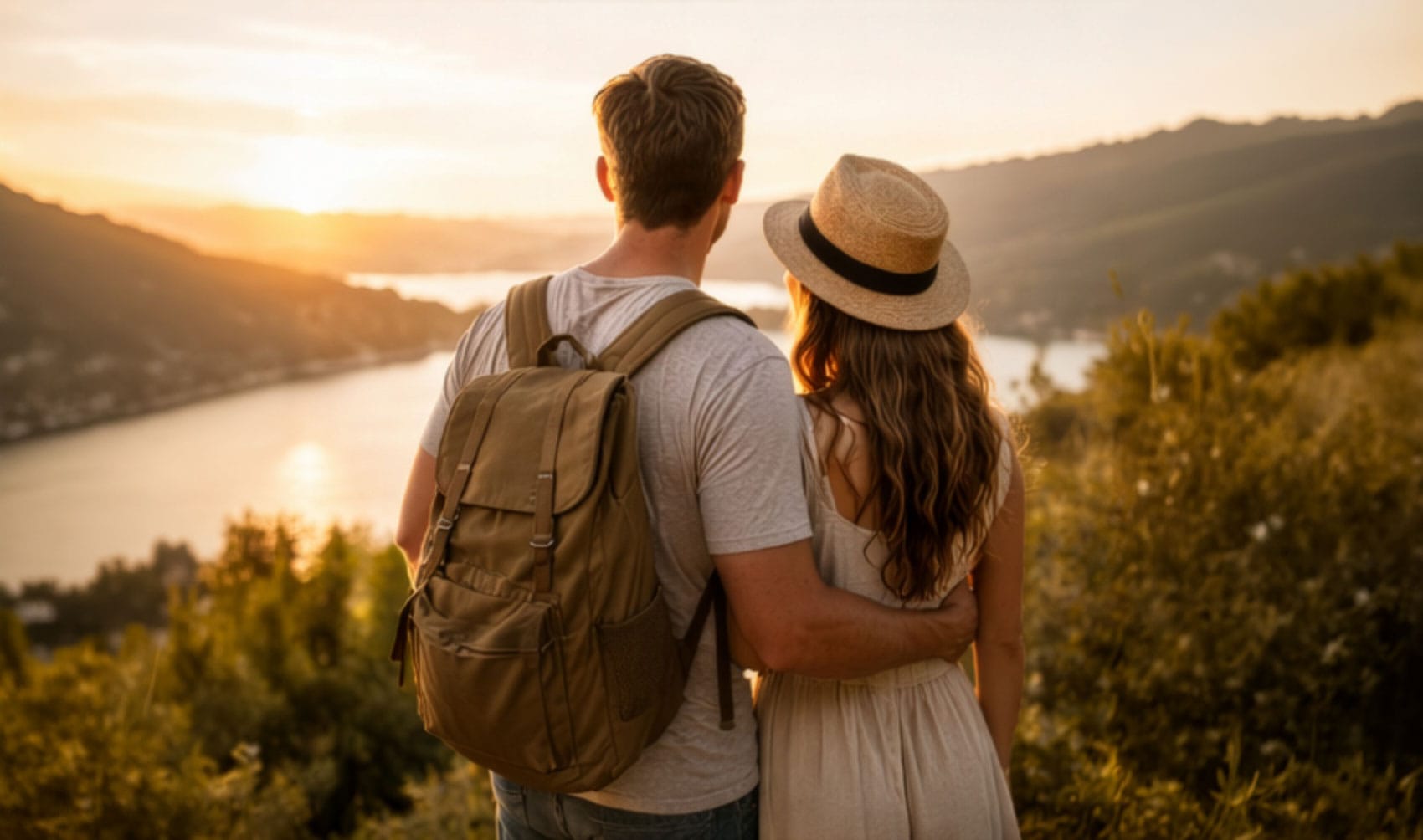 Stel kijkt uit over bergen en water tijdens zonsondergang